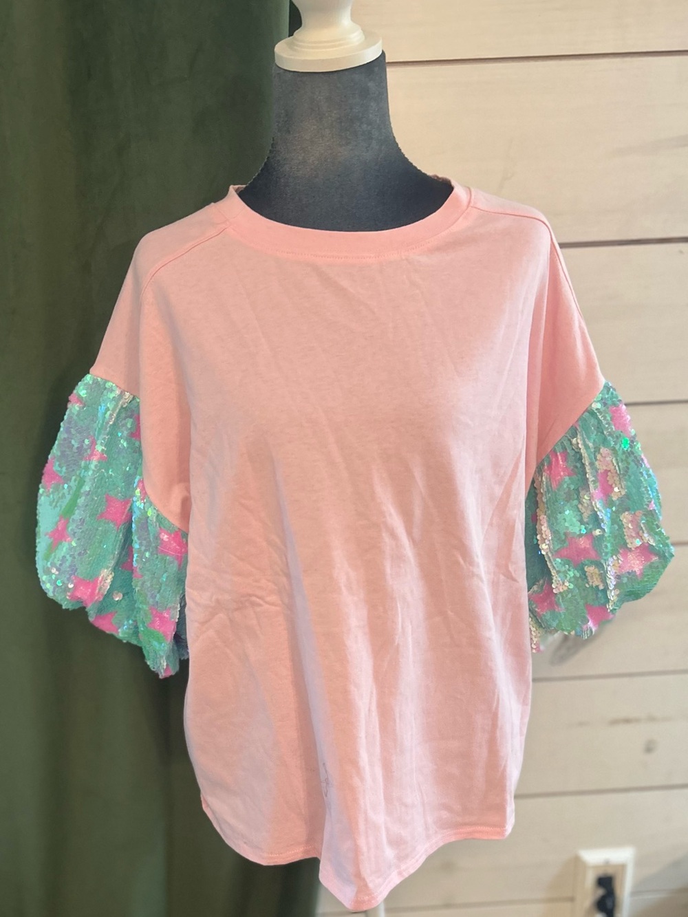 Fantastic Fawn Pink Tee with Mint Sequin Puff Sleeves